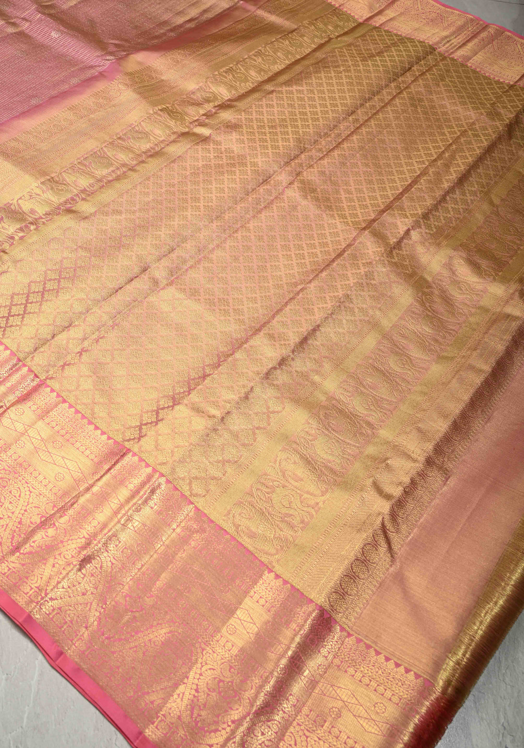 Dusty Rose Pink Tissue Kanjivaram Pure Silk Saree with Silver Zari Checks and Zari Border| SILK MARK CERTIFIED