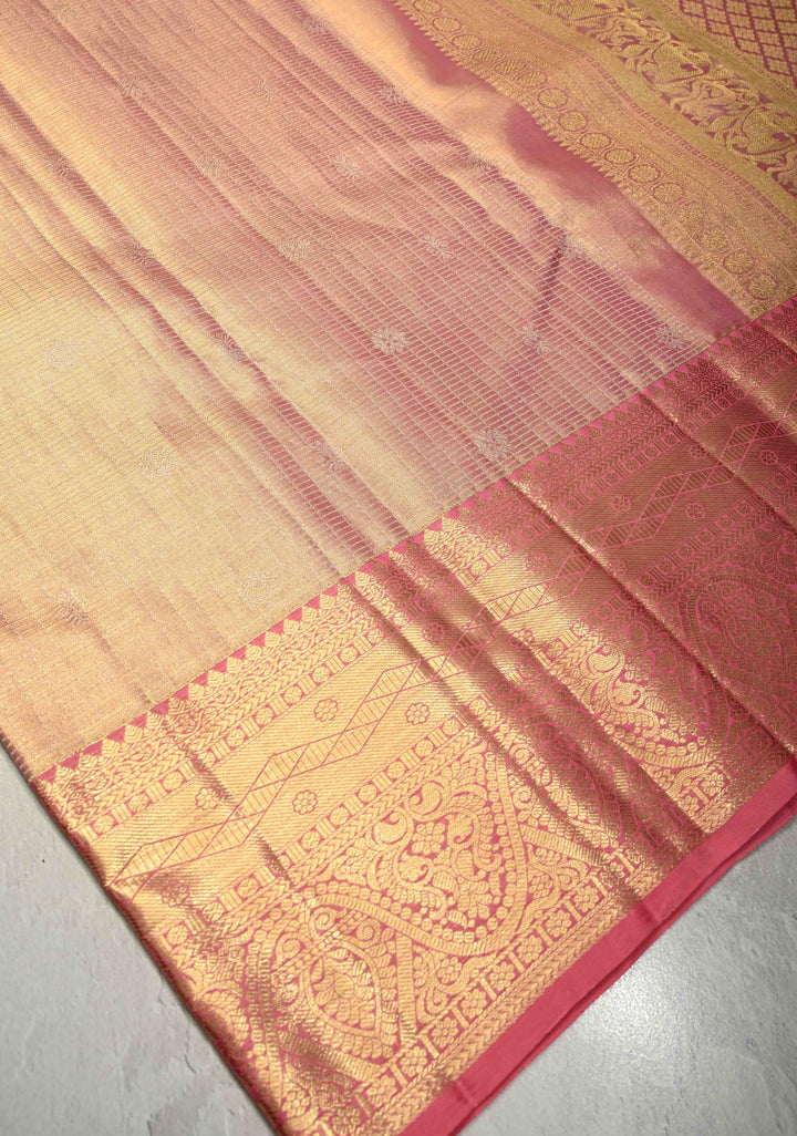 Dusty Rose Pink Tissue Kanjivaram Pure Silk Saree with Silver Zari Checks and Zari Border| SILK MARK CERTIFIED