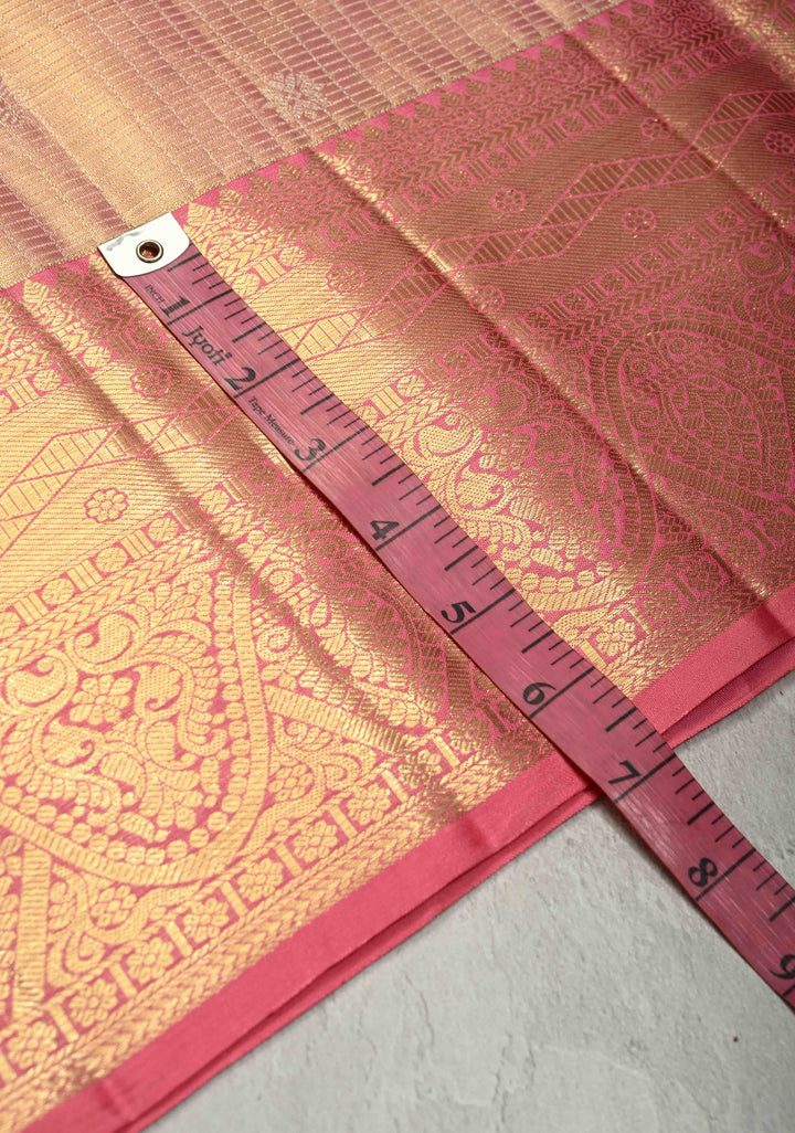 Dusty Rose Pink Tissue Kanjivaram Pure Silk Saree with Silver Zari Checks and Zari Border| SILK MARK CERTIFIED