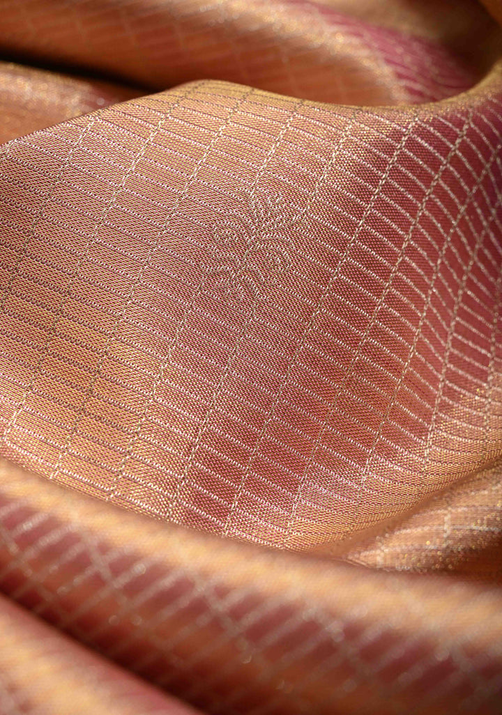 Dusty Rose Pink Tissue Kanjivaram Pure Silk Saree with Silver Zari Checks and Zari Border| SILK MARK CERTIFIED