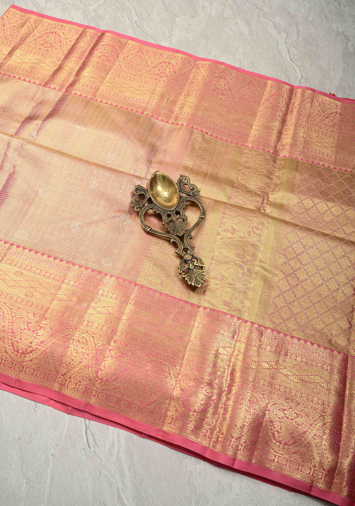 Dusty Rose Pink Tissue Kanjivaram Pure Silk Saree with Silver Zari Checks and Zari Border| SILK MARK CERTIFIED