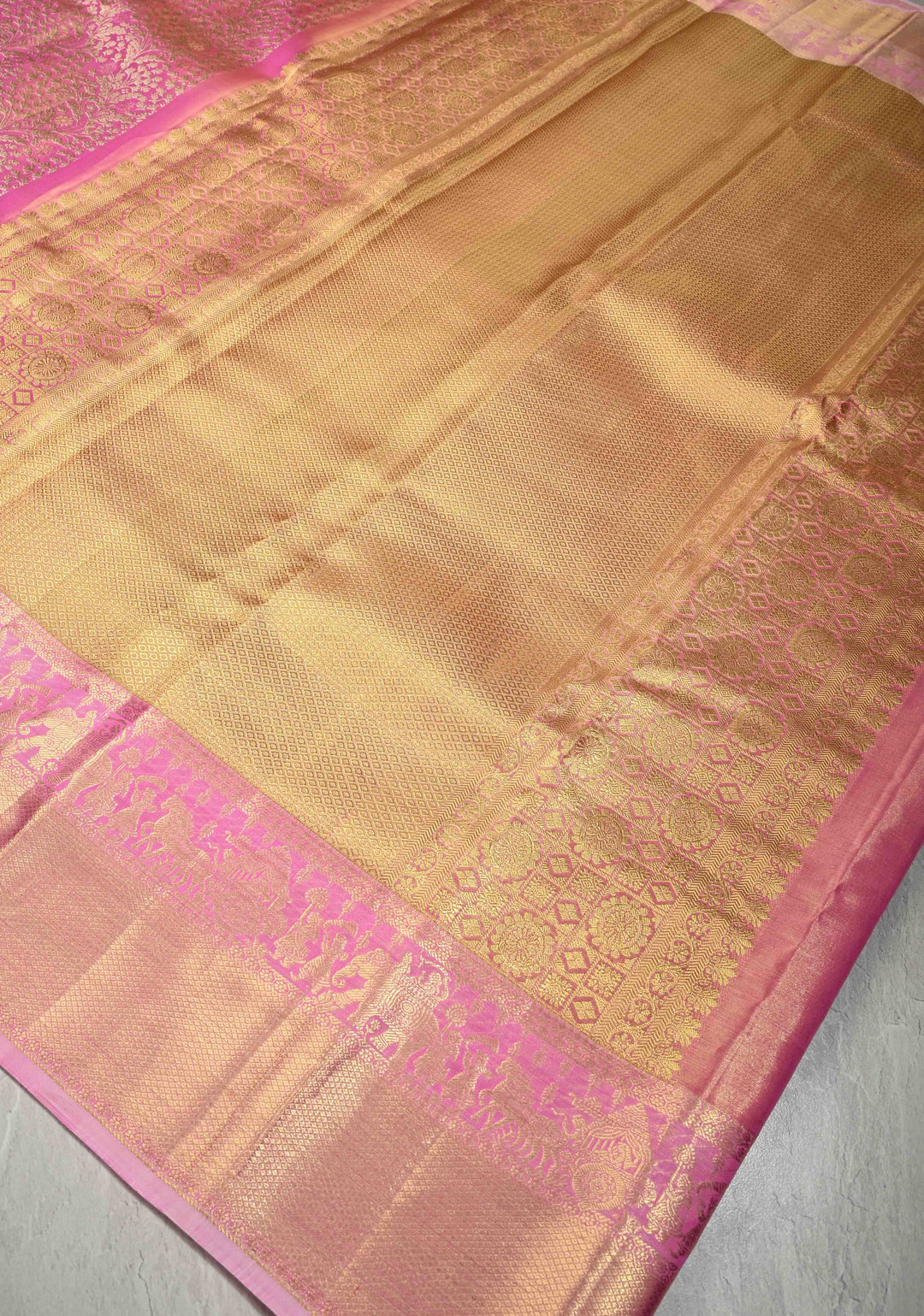 Salmon Pink Tissue Kanjivaram Pure Silk Saree with Meenakari Floral Jaal Brocade and Procession Wide Zari Border | SILK MARK CERTIFIED
