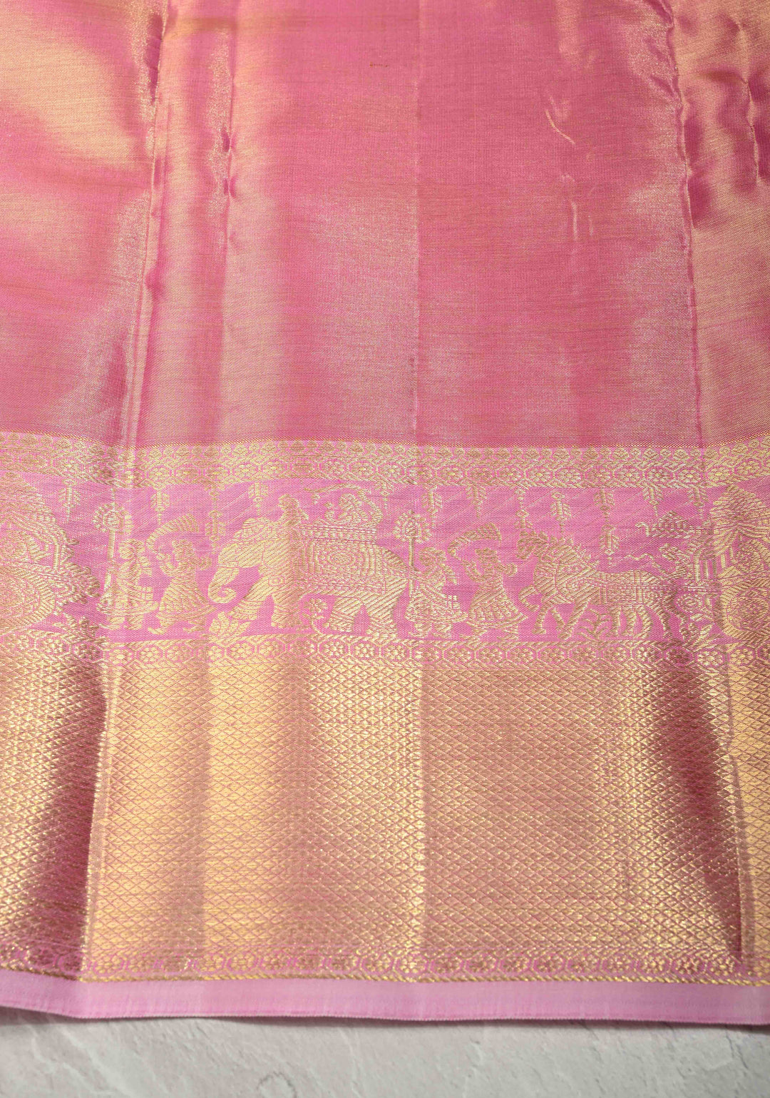 Salmon Pink Tissue Kanjivaram Pure Silk Saree with Meenakari Floral Jaal Brocade and Procession Wide Zari Border | SILK MARK CERTIFIED