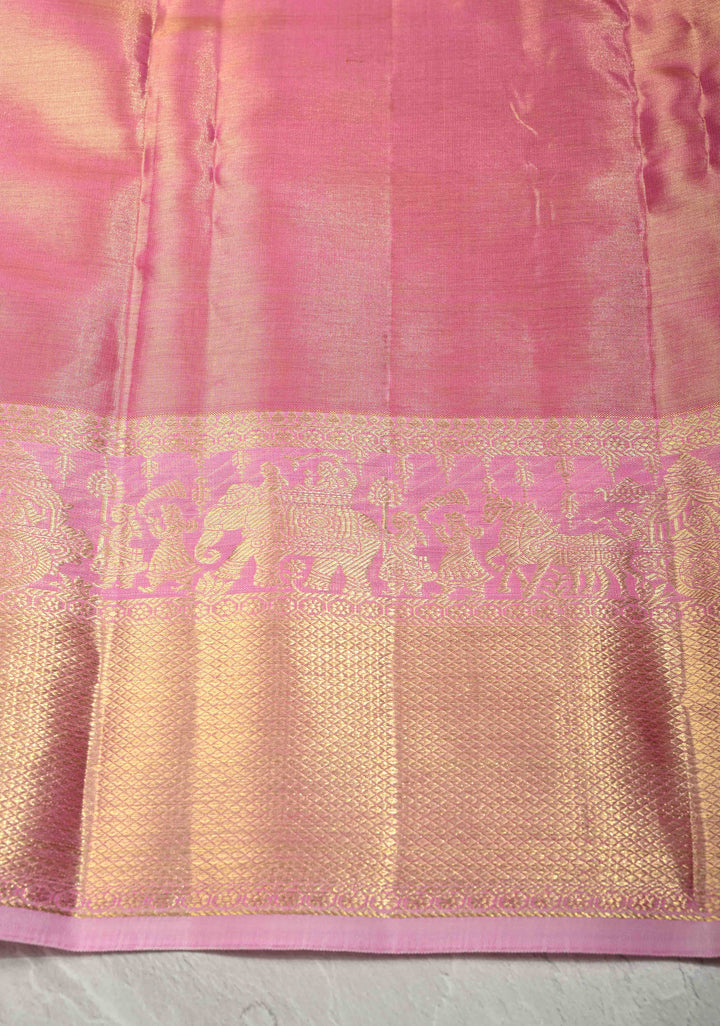 Salmon Pink Tissue Kanjivaram Pure Silk Saree with Meenakari Floral Jaal Brocade and Procession Wide Zari Border | SILK MARK CERTIFIED