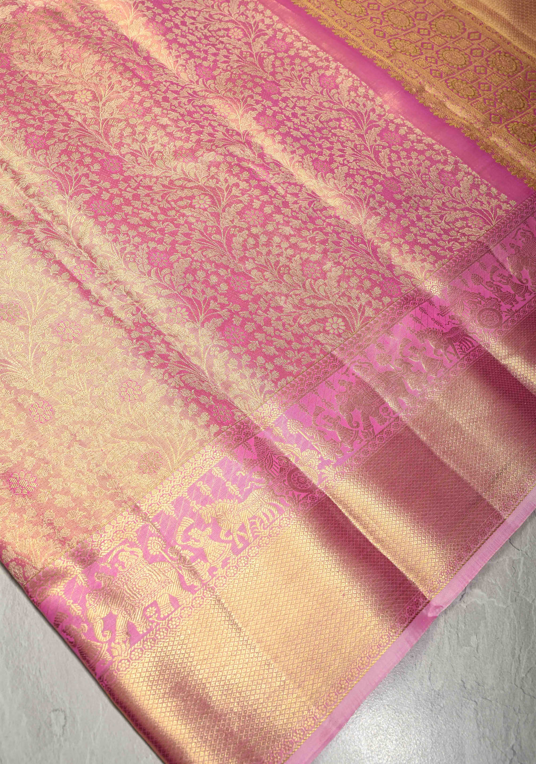 Salmon Pink Tissue Kanjivaram Pure Silk Saree with Meenakari Floral Jaal Brocade and Procession Wide Zari Border | SILK MARK CERTIFIED