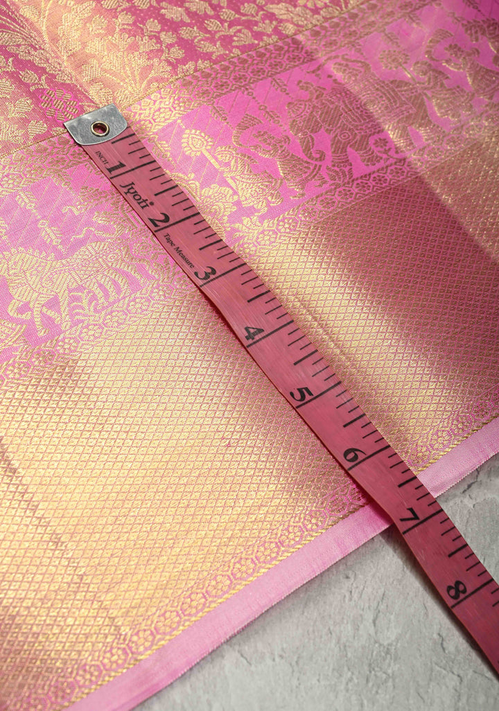 Salmon Pink Tissue Kanjivaram Pure Silk Saree with Meenakari Floral Jaal Brocade and Procession Wide Zari Border | SILK MARK CERTIFIED