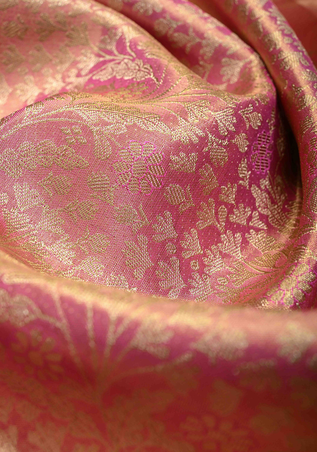 Salmon Pink Tissue Kanjivaram Pure Silk Saree with Meenakari Floral Jaal Brocade and Procession Wide Zari Border | SILK MARK CERTIFIED