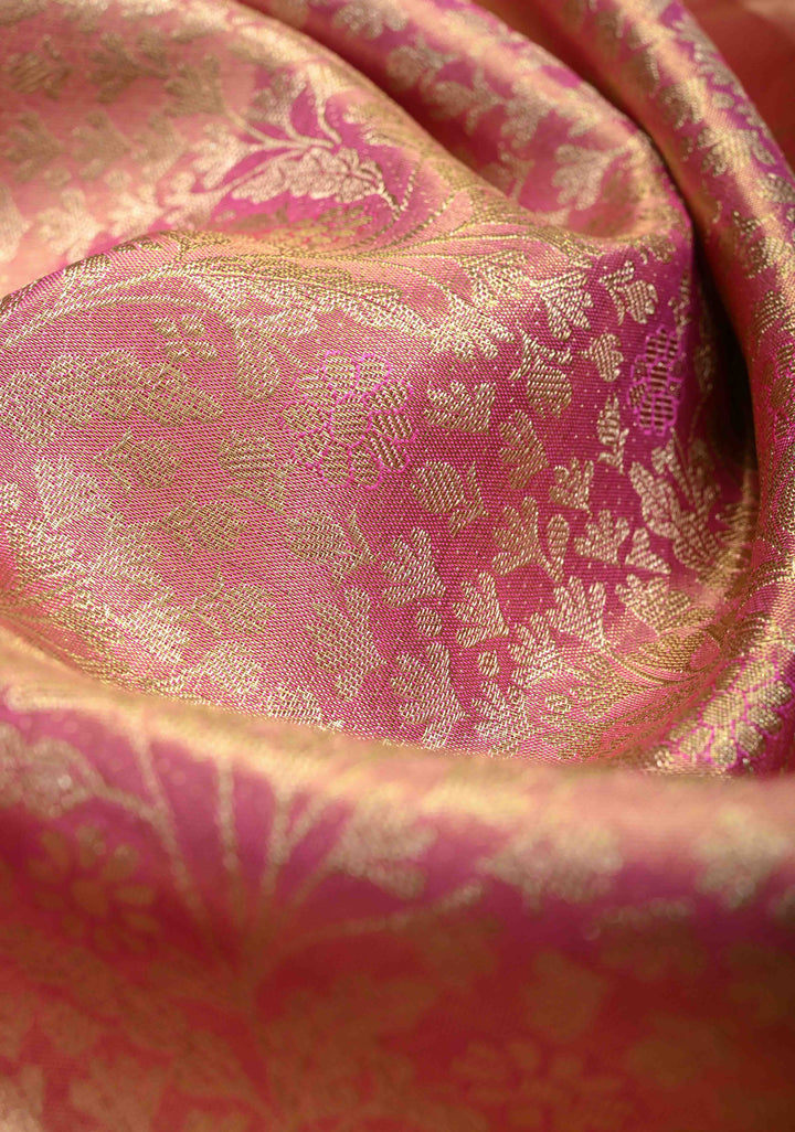 Salmon Pink Tissue Kanjivaram Pure Silk Saree with Meenakari Floral Jaal Brocade and Procession Wide Zari Border | SILK MARK CERTIFIED