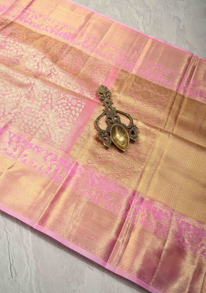 Salmon Pink Tissue Kanjivaram Pure Silk Saree with Meenakari Floral Jaal Brocade and Procession Wide Zari Border | SILK MARK CERTIFIED