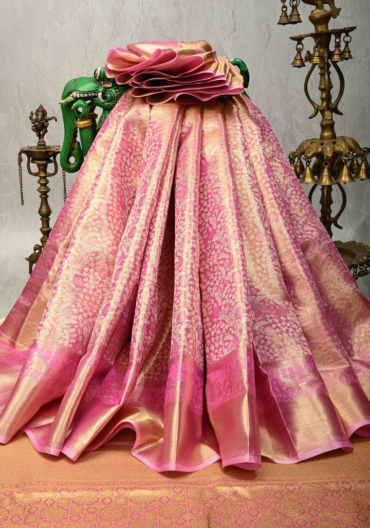 Salmon Pink Tissue Kanjivaram Pure Silk Saree with Meenakari Floral Jaal Brocade and Procession Wide Zari Border | SILK MARK CERTIFIED
