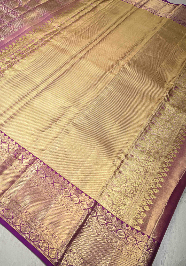 Light Purple Tissue Kanjivaram Pure Silk Saree with Geomatric  Brocade and Wide Zari Border | SILK MARK CERTIFIED