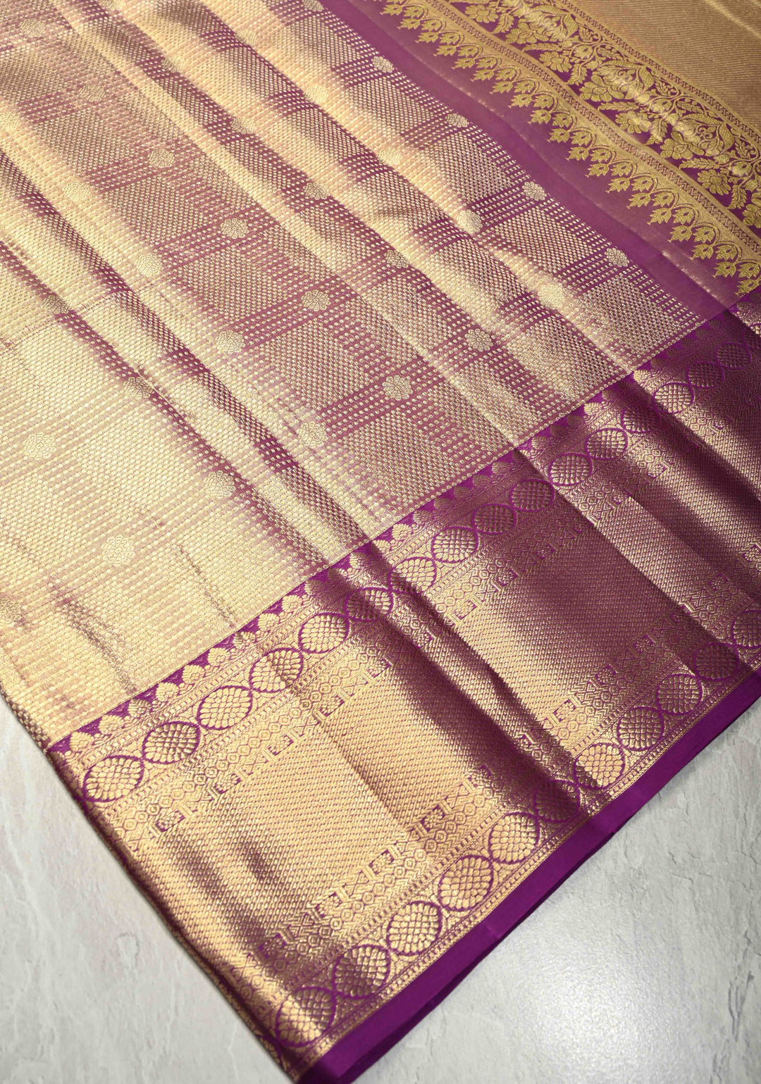 Light Purple Tissue Kanjivaram Pure Silk Saree with Geomatric  Brocade and Wide Zari Border | SILK MARK CERTIFIED