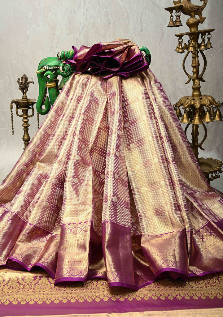 Light Purple Tissue Kanjivaram Pure Silk Saree with Geomatric  Brocade and Wide Zari Border | SILK MARK CERTIFIED