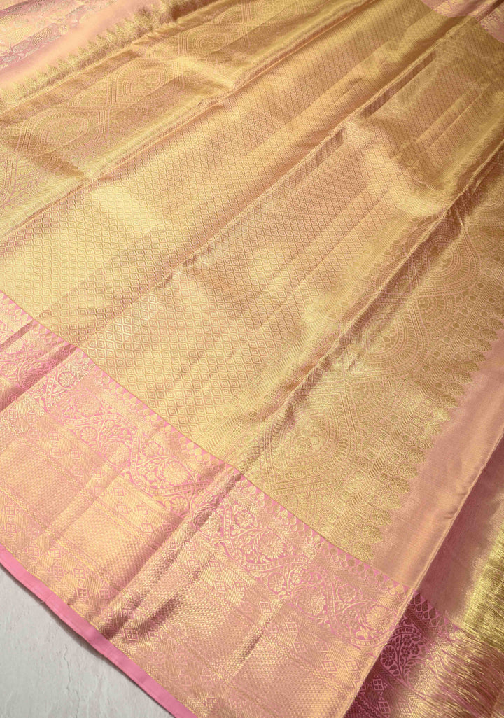 Peach Pink Dual Tone Tissue Kanjivaram Pure Silk Saree with Meenakari  Brocade and Wide Zari Border | SILK MARK CERTIFIED