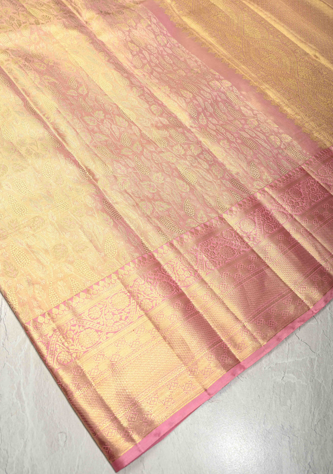 Peach Pink Dual Tone Tissue Kanjivaram Pure Silk Saree with Meenakari  Brocade and Wide Zari Border | SILK MARK CERTIFIED