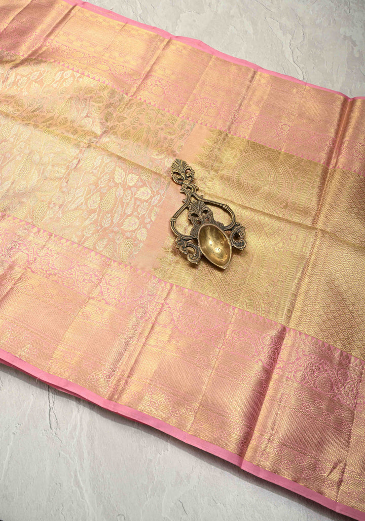 Peach Pink Dual Tone Tissue Kanjivaram Pure Silk Saree with Meenakari  Brocade and Wide Zari Border | SILK MARK CERTIFIED
