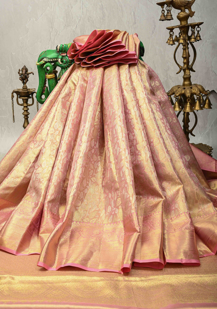 Peach Pink Dual Tone Tissue Kanjivaram Pure Silk Saree with Meenakari  Brocade and Wide Zari Border | SILK MARK CERTIFIED