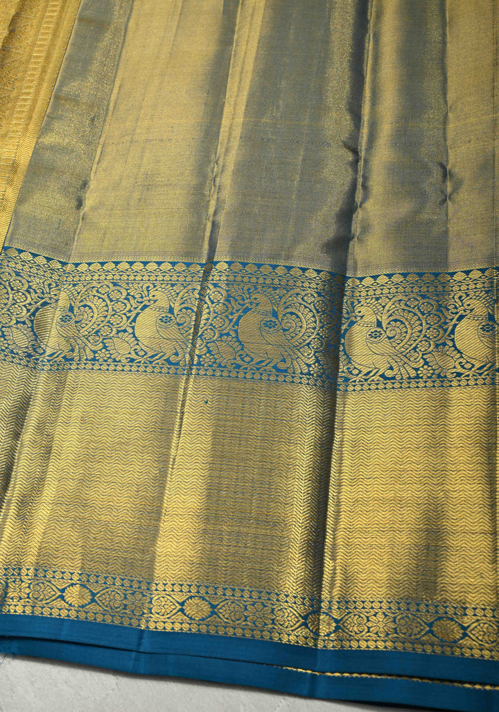 Blue-Gold Dual Tone Tissue Kanjivaram Pure Silk Saree with Brocade and Cobalt Blue Zari Border| SILK MARK CERTIFIED