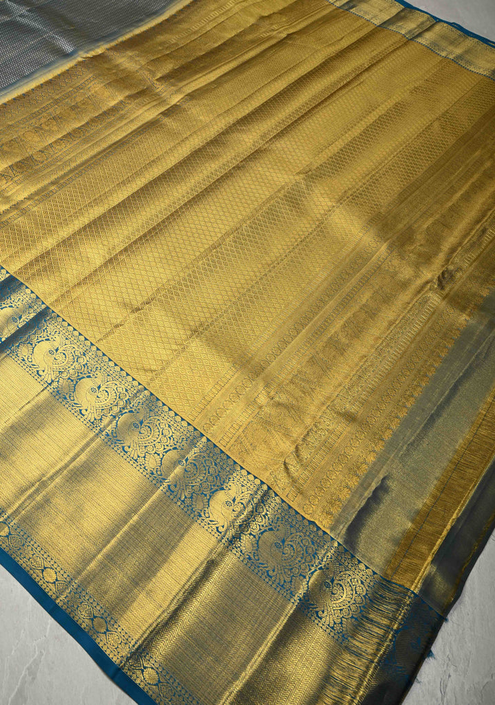 Blue-Gold Dual Tone Tissue Kanjivaram Pure Silk Saree with Brocade and Cobalt Blue Zari Border| SILK MARK CERTIFIED