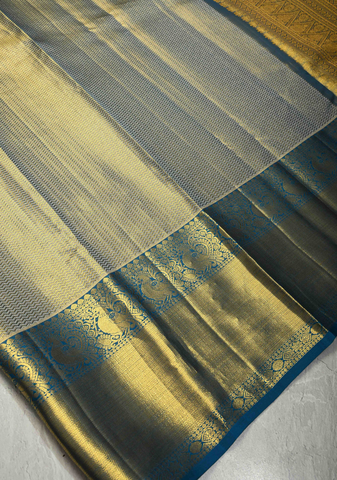 Blue-Gold Dual Tone Tissue Kanjivaram Pure Silk Saree with Brocade and Cobalt Blue Zari Border| SILK MARK CERTIFIED