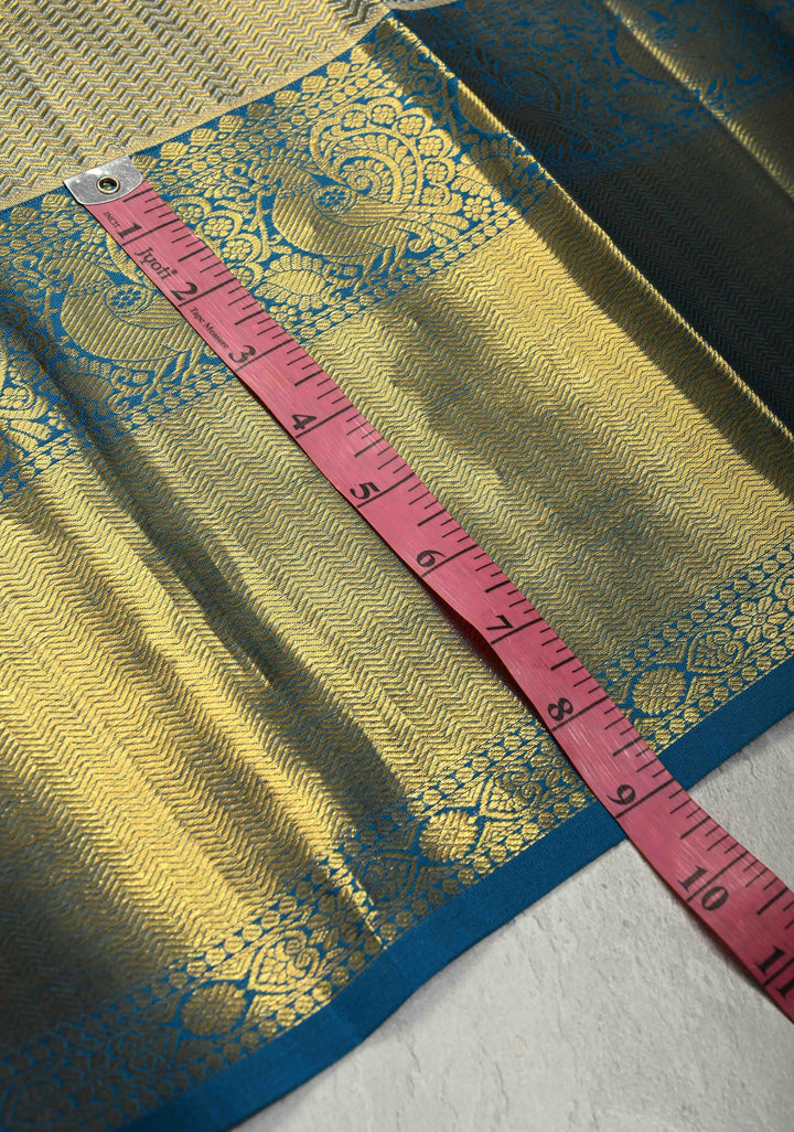 Blue-Gold Dual Tone Tissue Kanjivaram Pure Silk Saree with Brocade and Cobalt Blue Zari Border| SILK MARK CERTIFIED