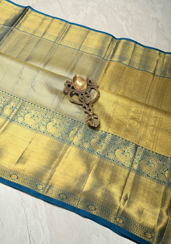Blue-Gold Dual Tone Tissue Kanjivaram Pure Silk Saree with Brocade and Cobalt Blue Zari Border| SILK MARK CERTIFIED