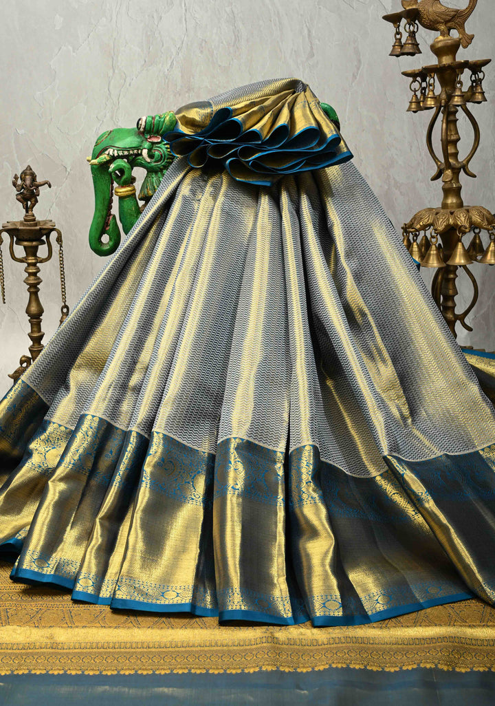 Blue-Gold Dual Tone Tissue Kanjivaram Pure Silk Saree with Brocade and Cobalt Blue Zari Border| SILK MARK CERTIFIED