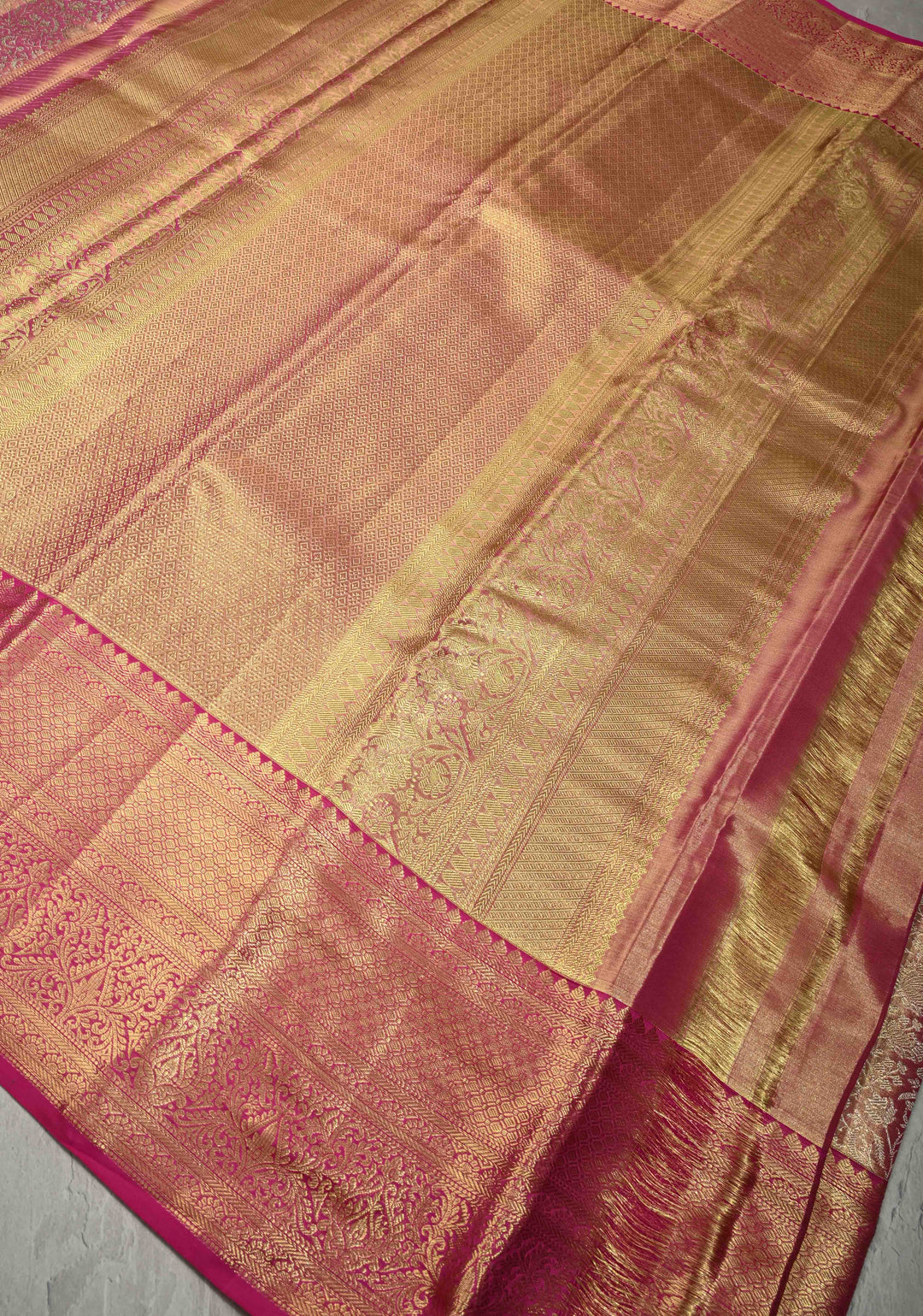 Pink Dual Tone Tissue Kanjivaram Pure Silk Saree with Meenakari Floral jaal Brocade and Contrast Zari Border | SILK MARK CERTIFIED