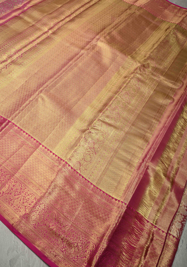 Pink Dual Tone Tissue Kanjivaram Pure Silk Saree with Meenakari Floral jaal Brocade and Contrast Zari Border | SILK MARK CERTIFIED