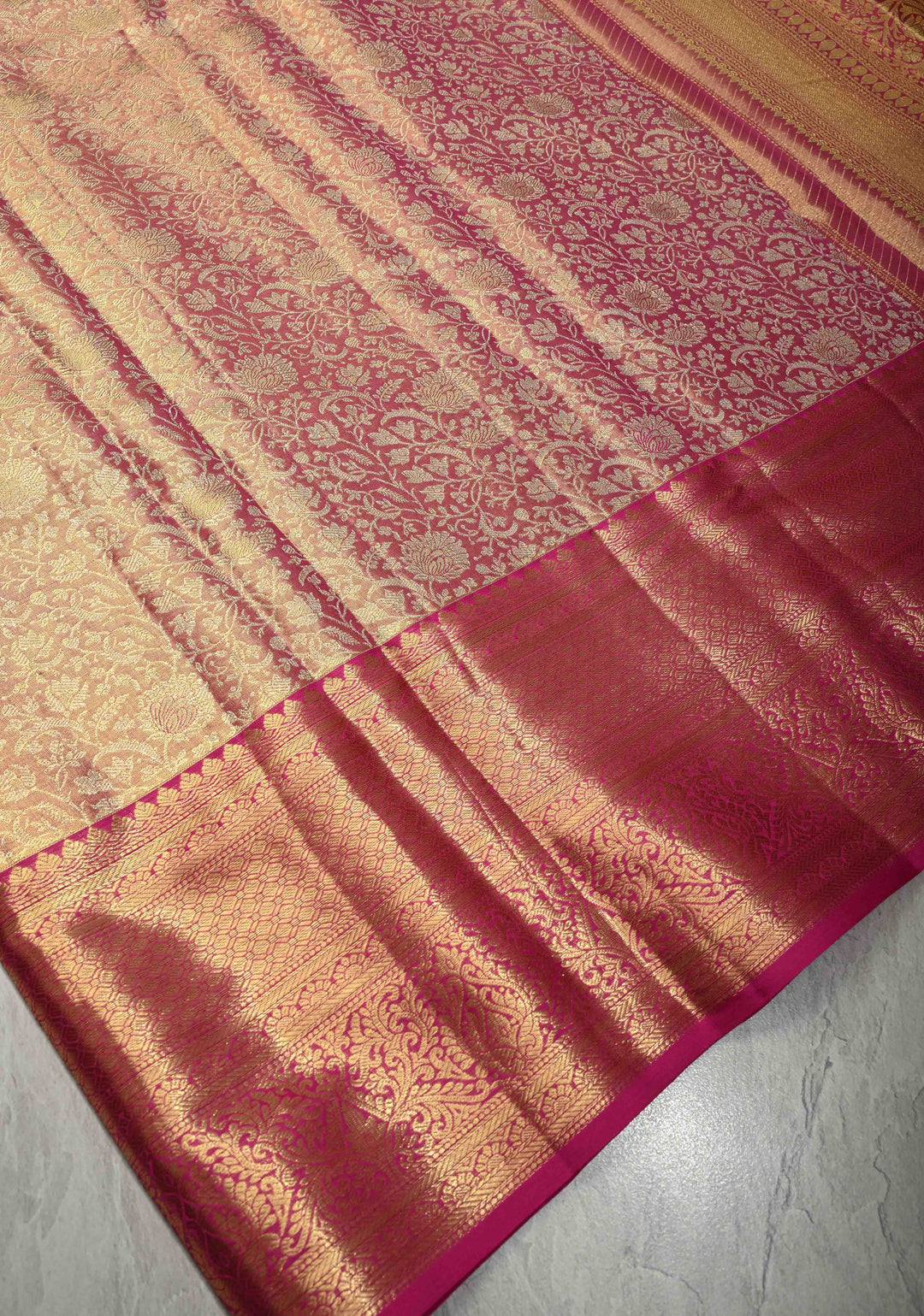 Pink Dual Tone Tissue Kanjivaram Pure Silk Saree with Meenakari Floral jaal Brocade and Contrast Zari Border | SILK MARK CERTIFIED