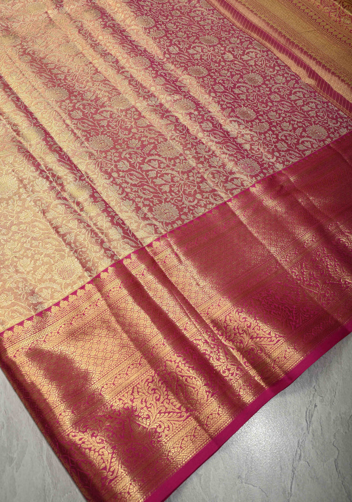 Pink Dual Tone Tissue Kanjivaram Pure Silk Saree with Meenakari Floral jaal Brocade and Contrast Zari Border | SILK MARK CERTIFIED