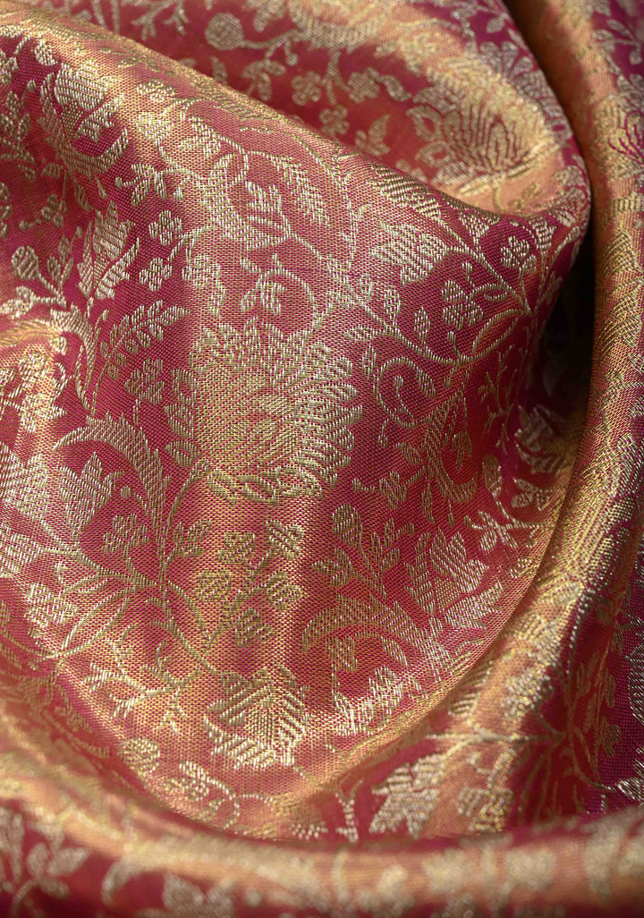 Pink Dual Tone Tissue Kanjivaram Pure Silk Saree with Meenakari Floral jaal Brocade and Contrast Zari Border | SILK MARK CERTIFIED