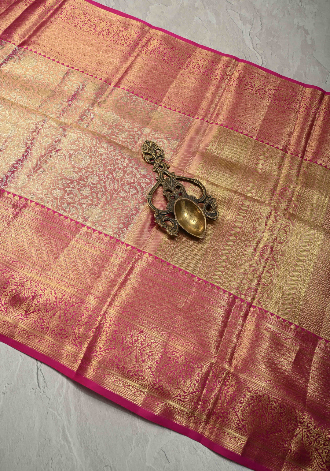 Pink Dual Tone Tissue Kanjivaram Pure Silk Saree with Meenakari Floral jaal Brocade and Contrast Zari Border | SILK MARK CERTIFIED