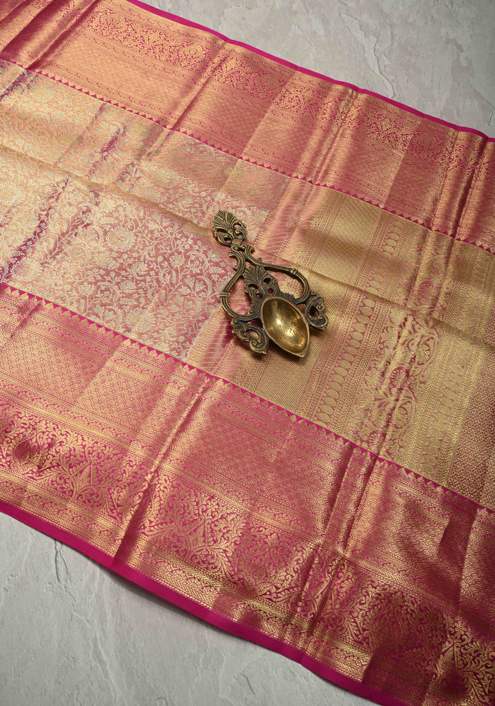 Pink Dual Tone Tissue Kanjivaram Pure Silk Saree with Meenakari Floral jaal Brocade and Contrast Zari Border | SILK MARK CERTIFIED