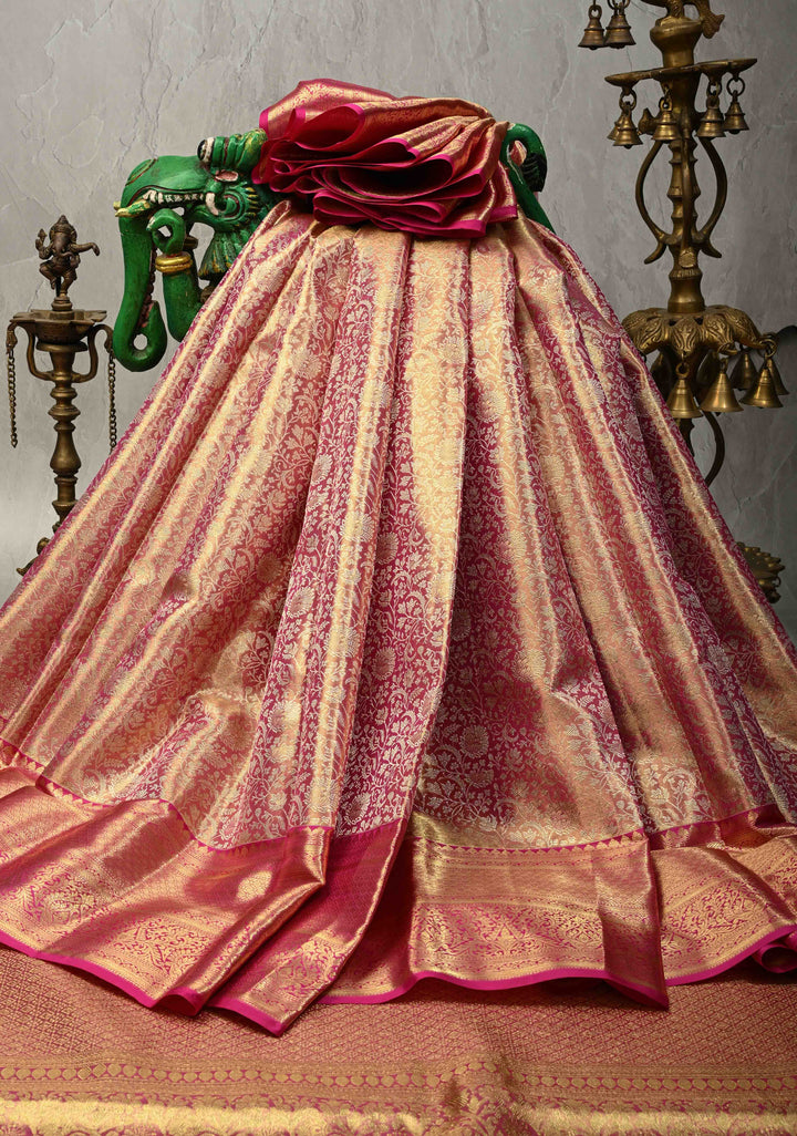 Pink Dual Tone Tissue Kanjivaram Pure Silk Saree with Meenakari Floral jaal Brocade and Contrast Zari Border | SILK MARK CERTIFIED