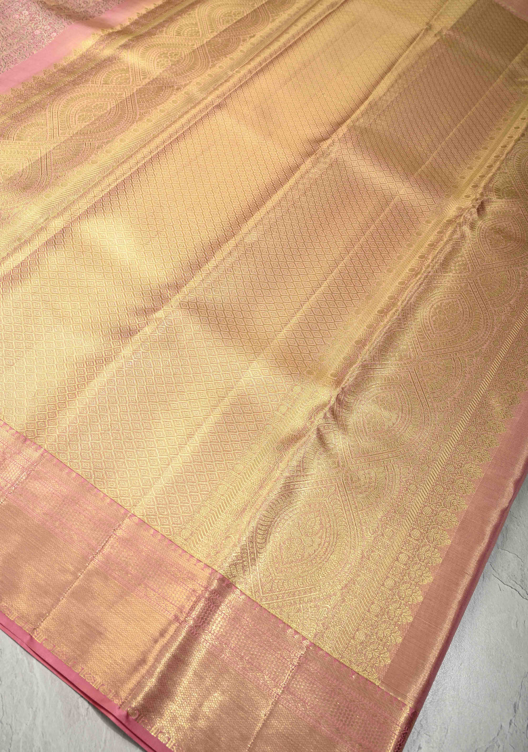 Rose Pink Dual Tone Tissue Kanjivaram Pure Silk Saree with Meenakari Floral Jaal Brocade and Zari Border | SILK MARK CERTIFIED