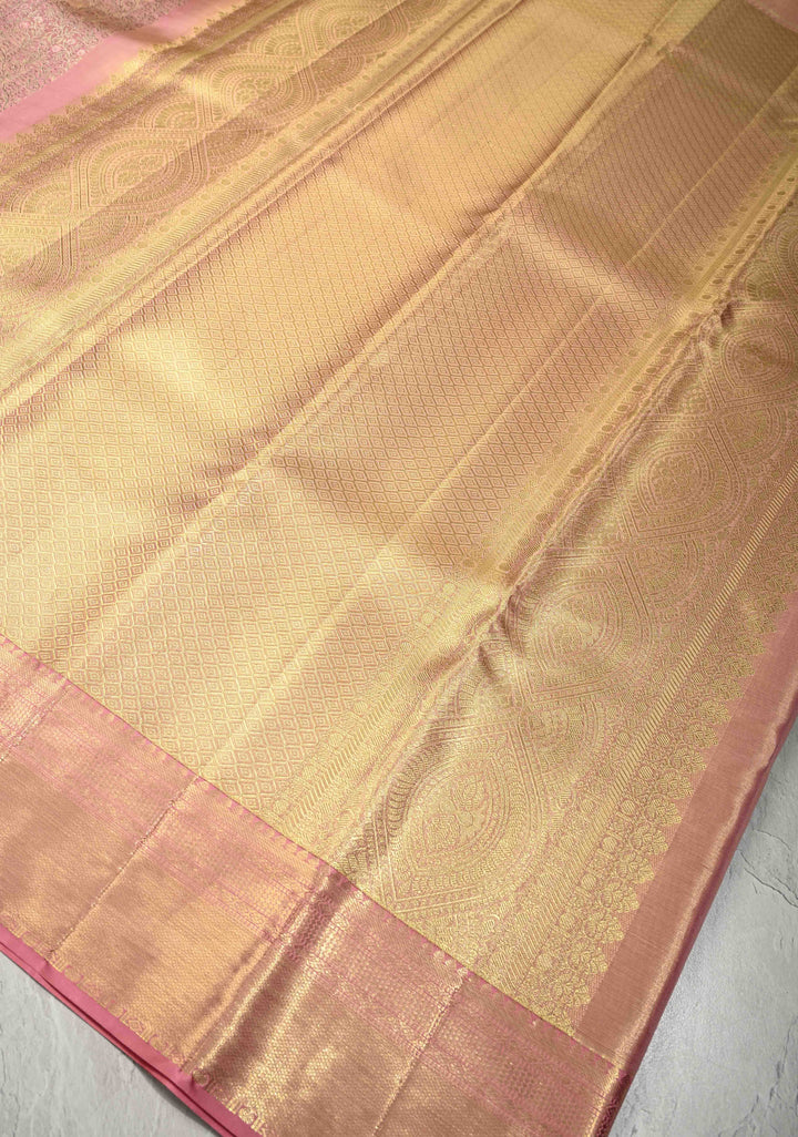Rose Pink Dual Tone Tissue Kanjivaram Pure Silk Saree with Meenakari Floral Jaal Brocade and Zari Border | SILK MARK CERTIFIED
