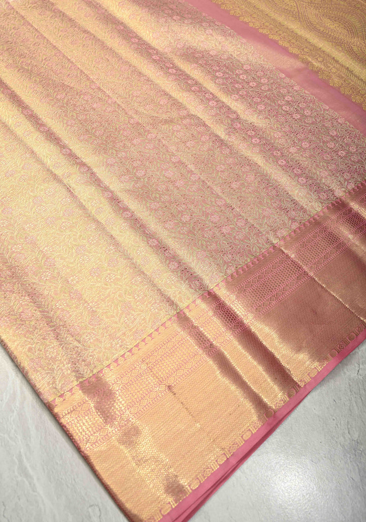 Rose Pink Dual Tone Tissue Kanjivaram Pure Silk Saree with Meenakari Floral Jaal Brocade and Zari Border | SILK MARK CERTIFIED