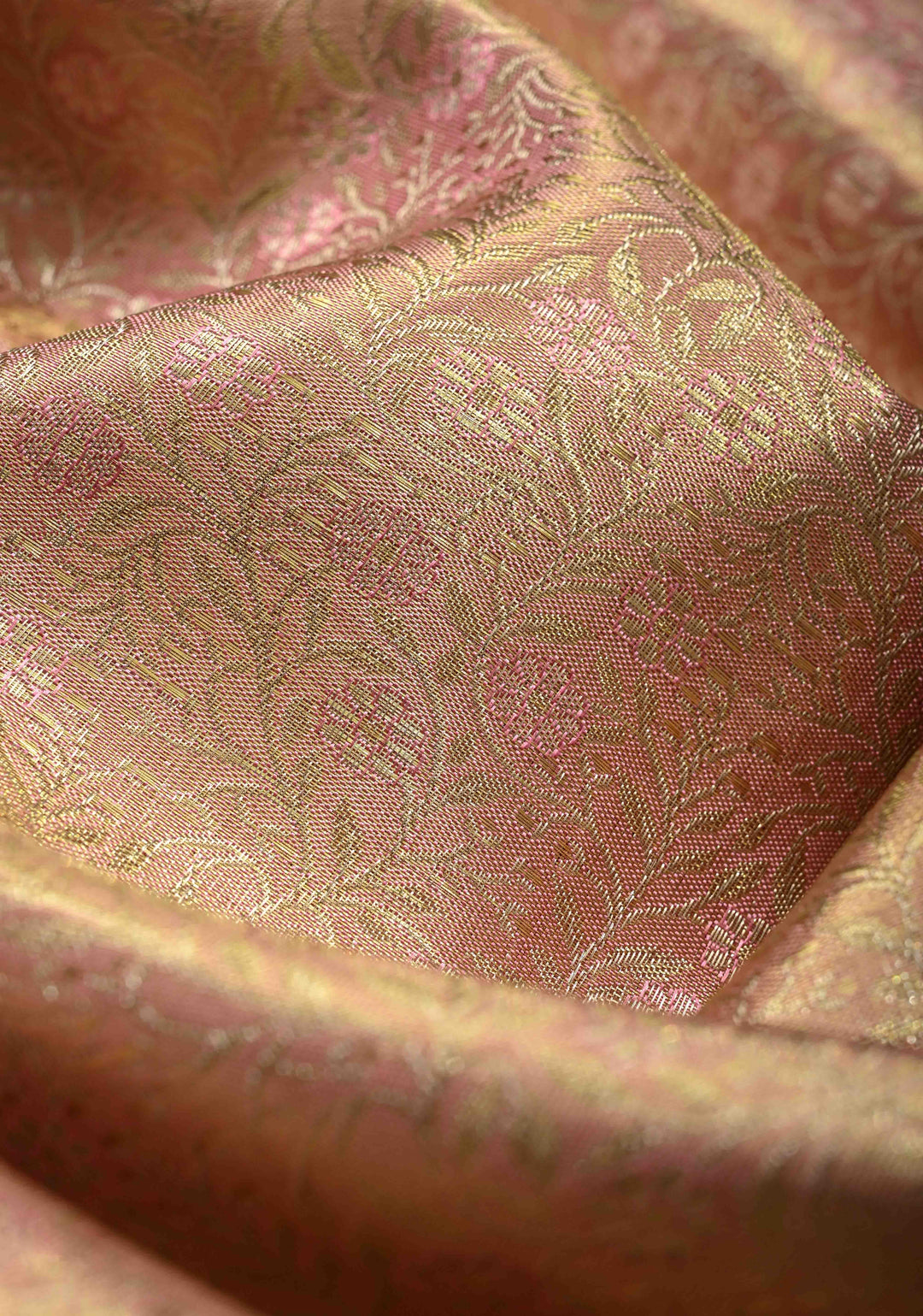 Rose Pink Dual Tone Tissue Kanjivaram Pure Silk Saree with Meenakari Floral Jaal Brocade and Zari Border | SILK MARK CERTIFIED