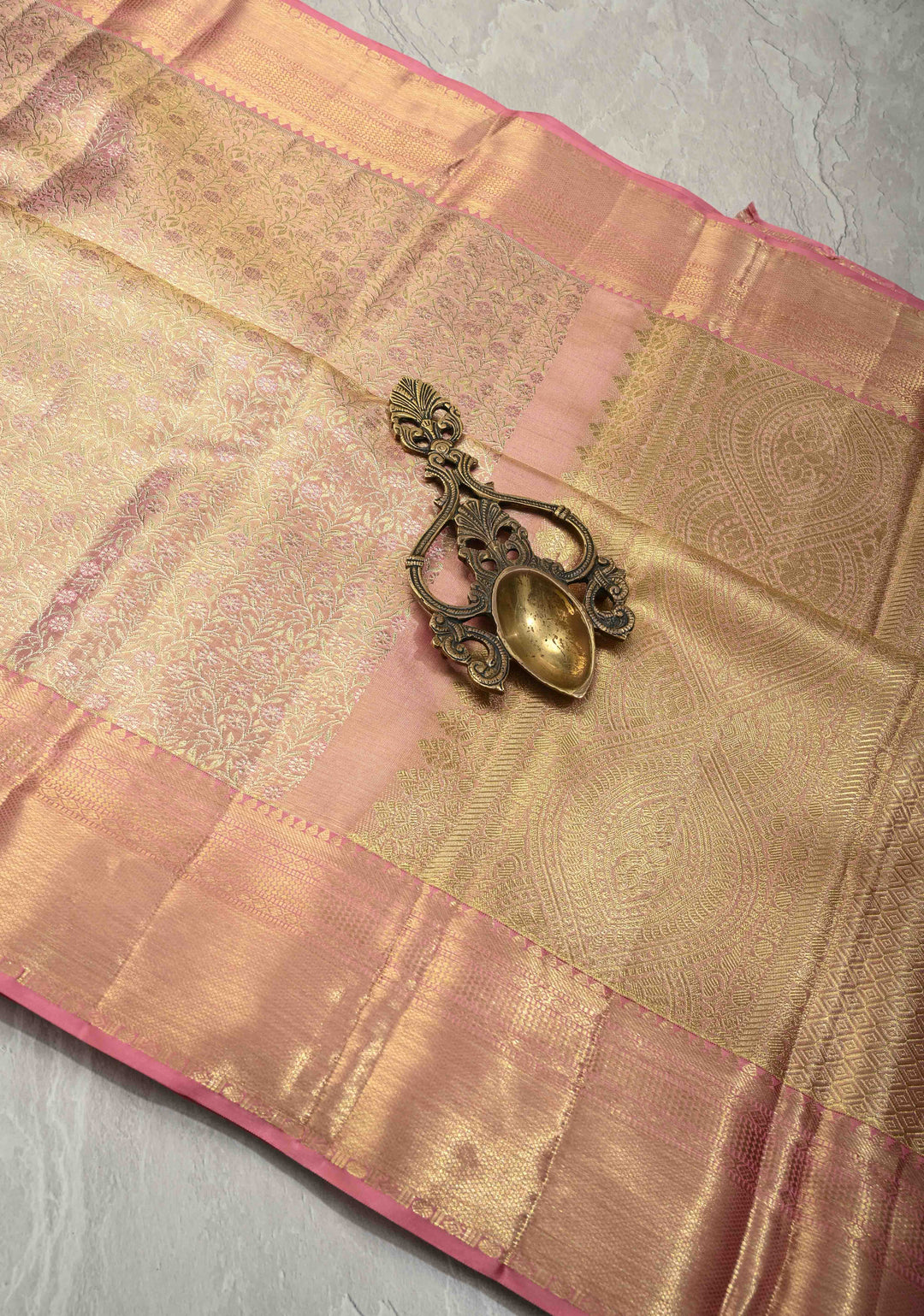 Rose Pink Dual Tone Tissue Kanjivaram Pure Silk Saree with Meenakari Floral Jaal Brocade and Zari Border | SILK MARK CERTIFIED