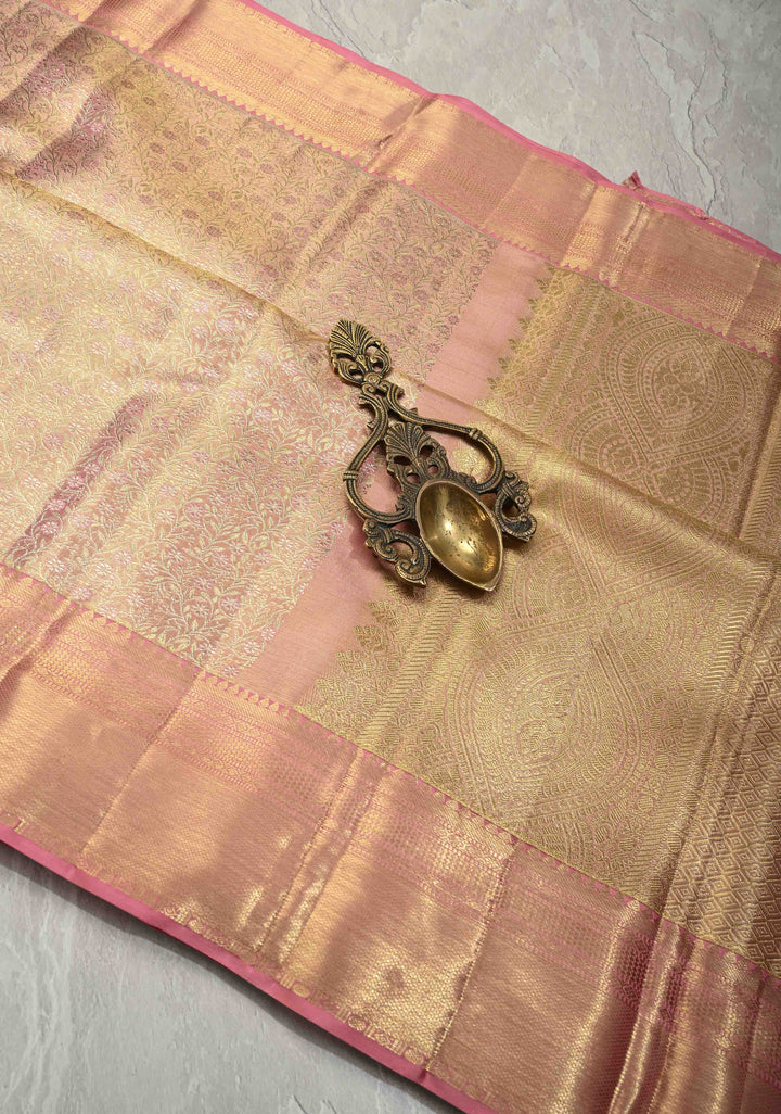 Rose Pink Dual Tone Tissue Kanjivaram Pure Silk Saree with Meenakari Floral Jaal Brocade and Zari Border | SILK MARK CERTIFIED