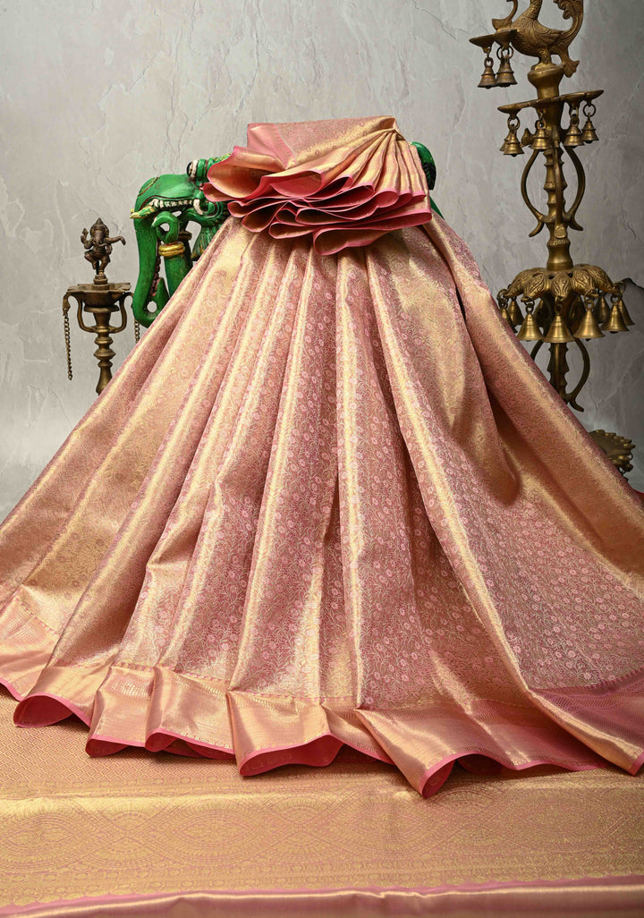 Rose Pink Dual Tone Tissue Kanjivaram Pure Silk Saree with Meenakari Floral Jaal Brocade and Zari Border | SILK MARK CERTIFIED