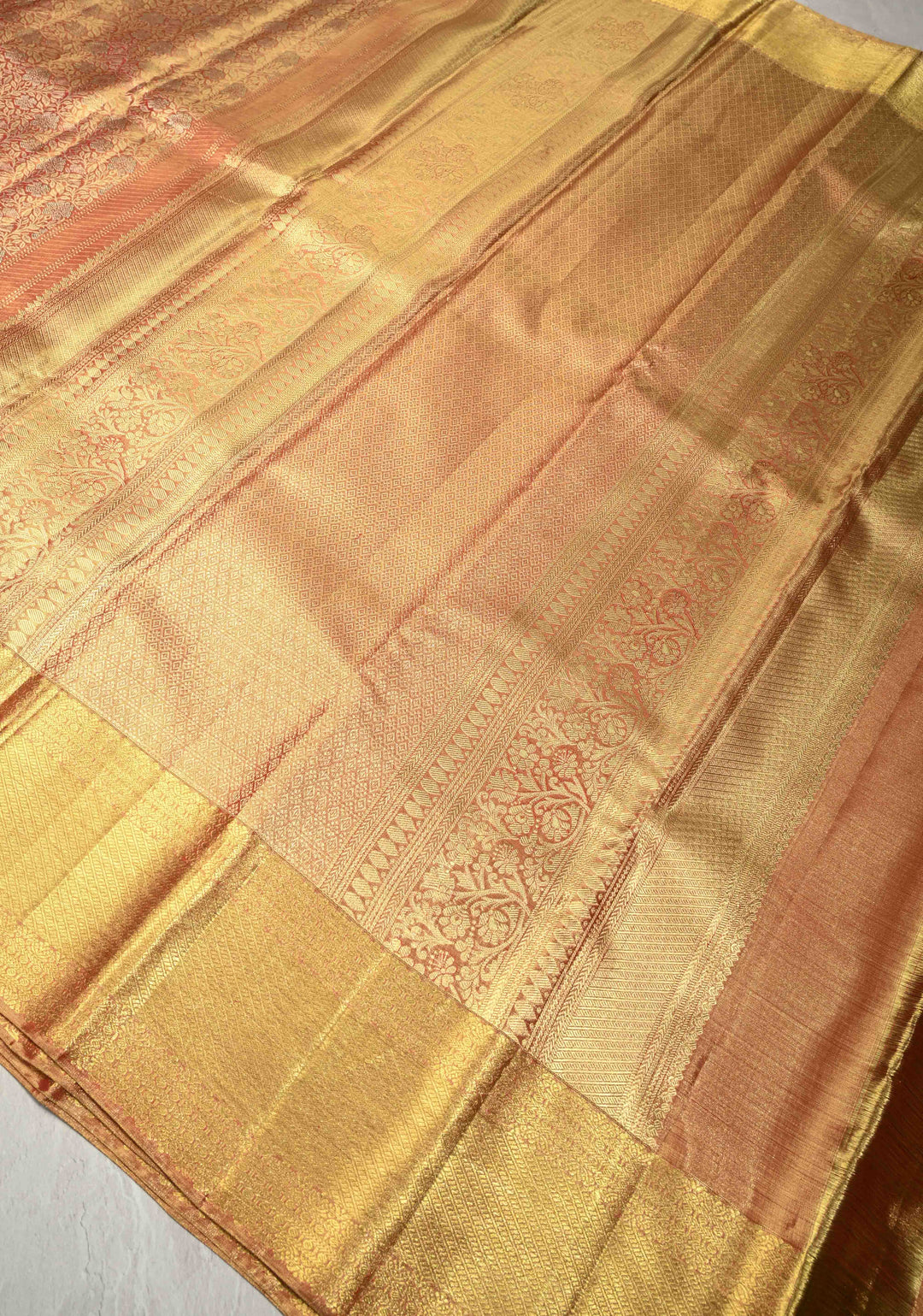 Rust Orange Tissue Kanjivaram Pure Silk Saree with Floral Brocade Jaal and Zari Border | SILK MARK CERTIFIED