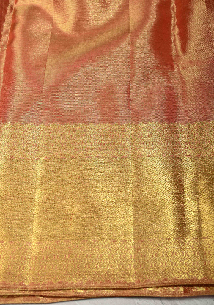 Rust Orange Tissue Kanjivaram Pure Silk Saree with Floral Brocade Jaal and Zari Border | SILK MARK CERTIFIED