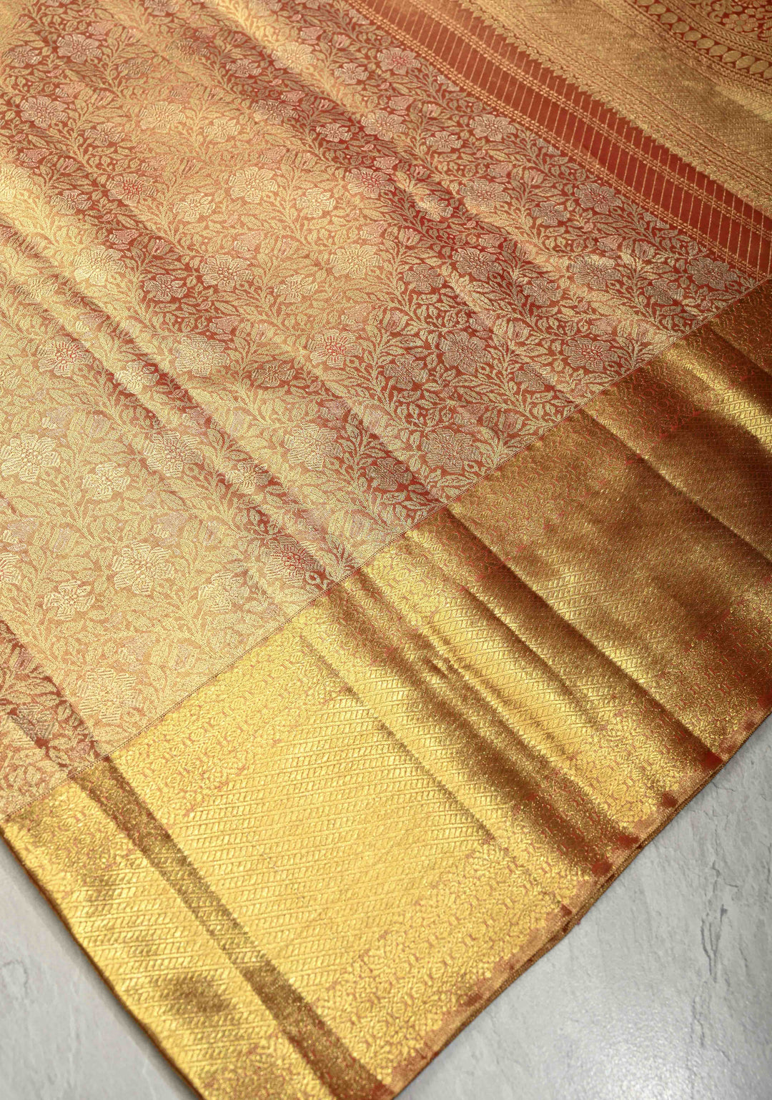 Rust Orange Tissue Kanjivaram Pure Silk Saree with Floral Brocade Jaal and Zari Border | SILK MARK CERTIFIED