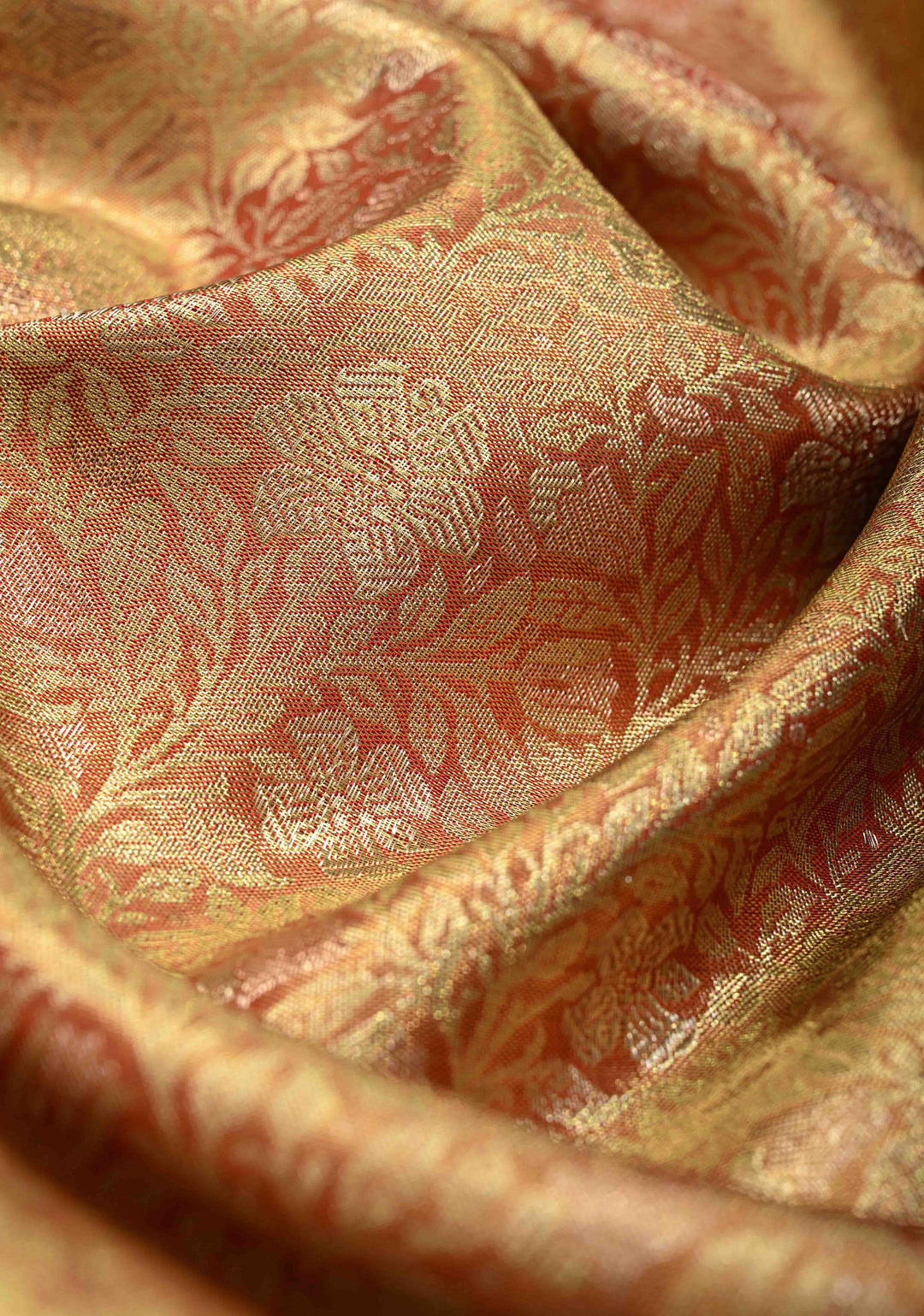 Rust Orange Tissue Kanjivaram Pure Silk Saree with Floral Brocade Jaal and Zari Border | SILK MARK CERTIFIED