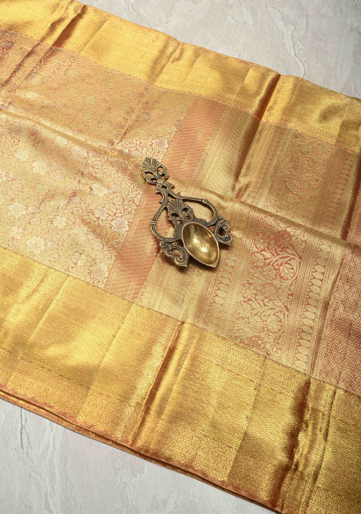 Rust Orange Tissue Kanjivaram Pure Silk Saree with Floral Brocade Jaal and Zari Border | SILK MARK CERTIFIED
