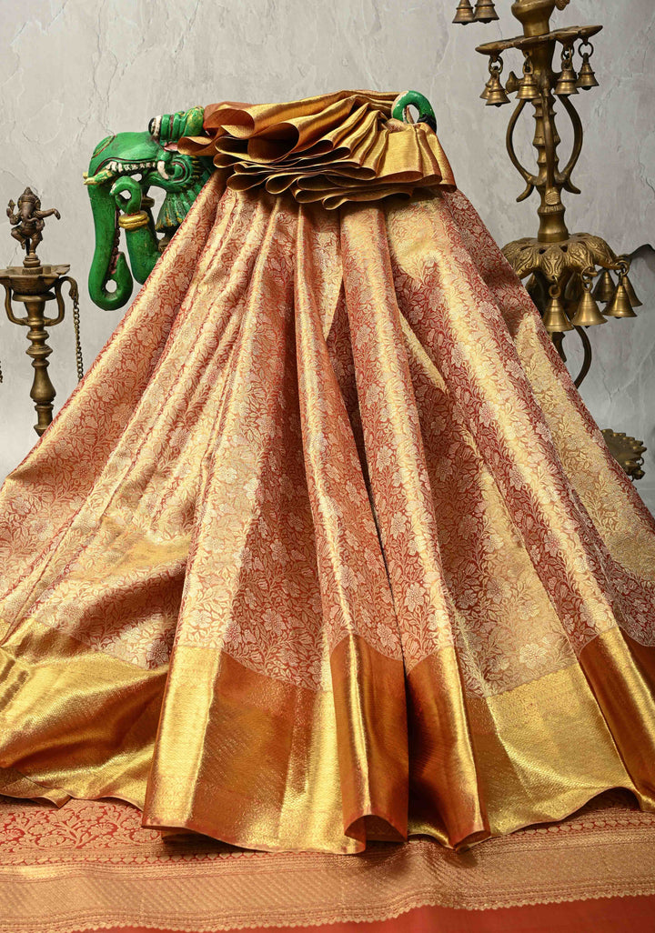 Rust Orange Tissue Kanjivaram Pure Silk Saree with Floral Brocade Jaal and Zari Border | SILK MARK CERTIFIED