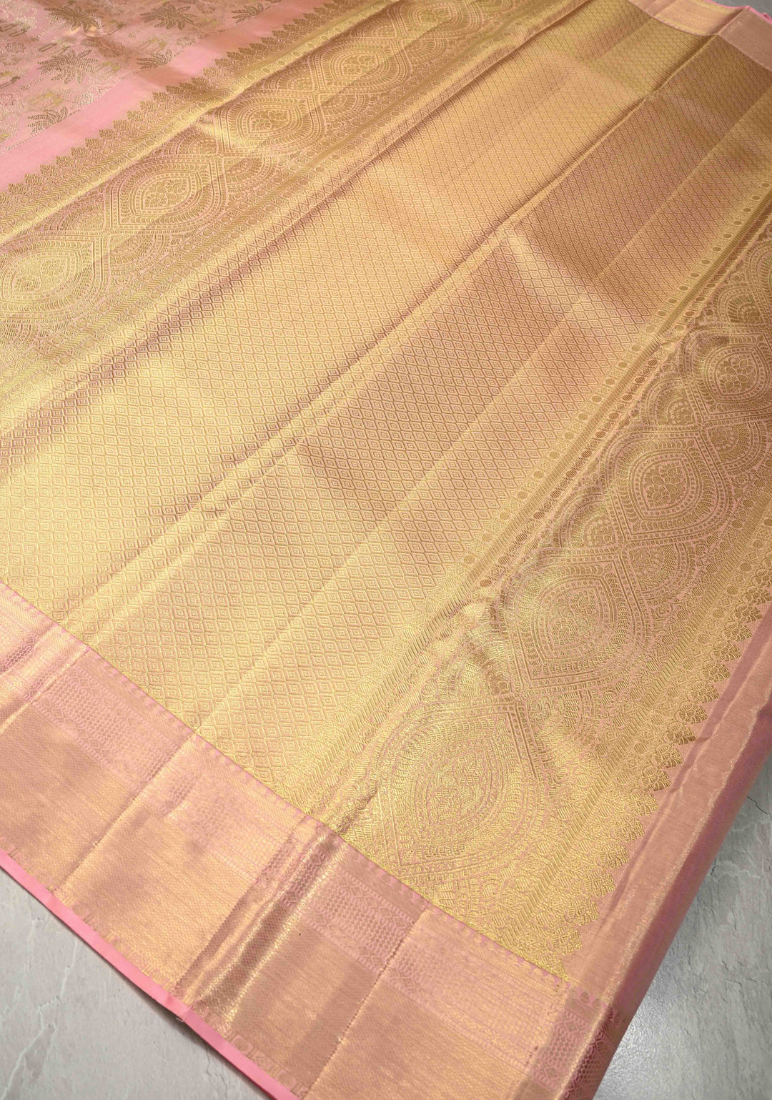 Rose Pink Tissue  Kanjivaram Pure Silk Saree with Meenakari Floral Jaal Brocade and Zari Border | SILK MARK CERTIFIED