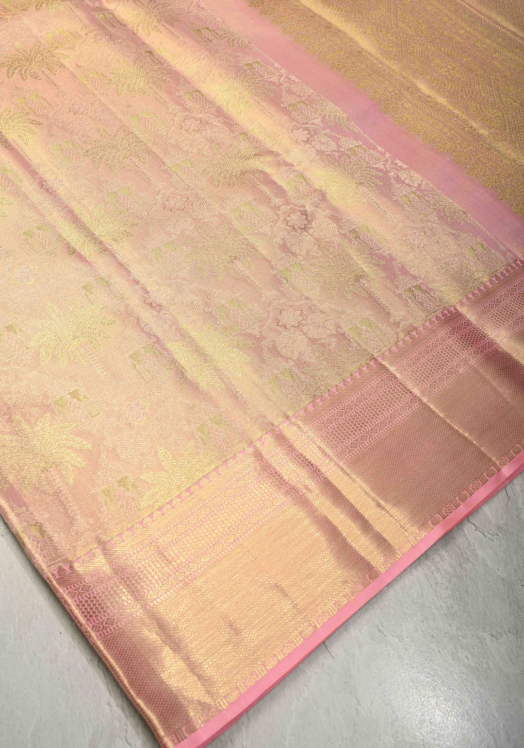 Rose Pink Tissue  Kanjivaram Pure Silk Saree with Meenakari Floral Jaal Brocade and Zari Border | SILK MARK CERTIFIED